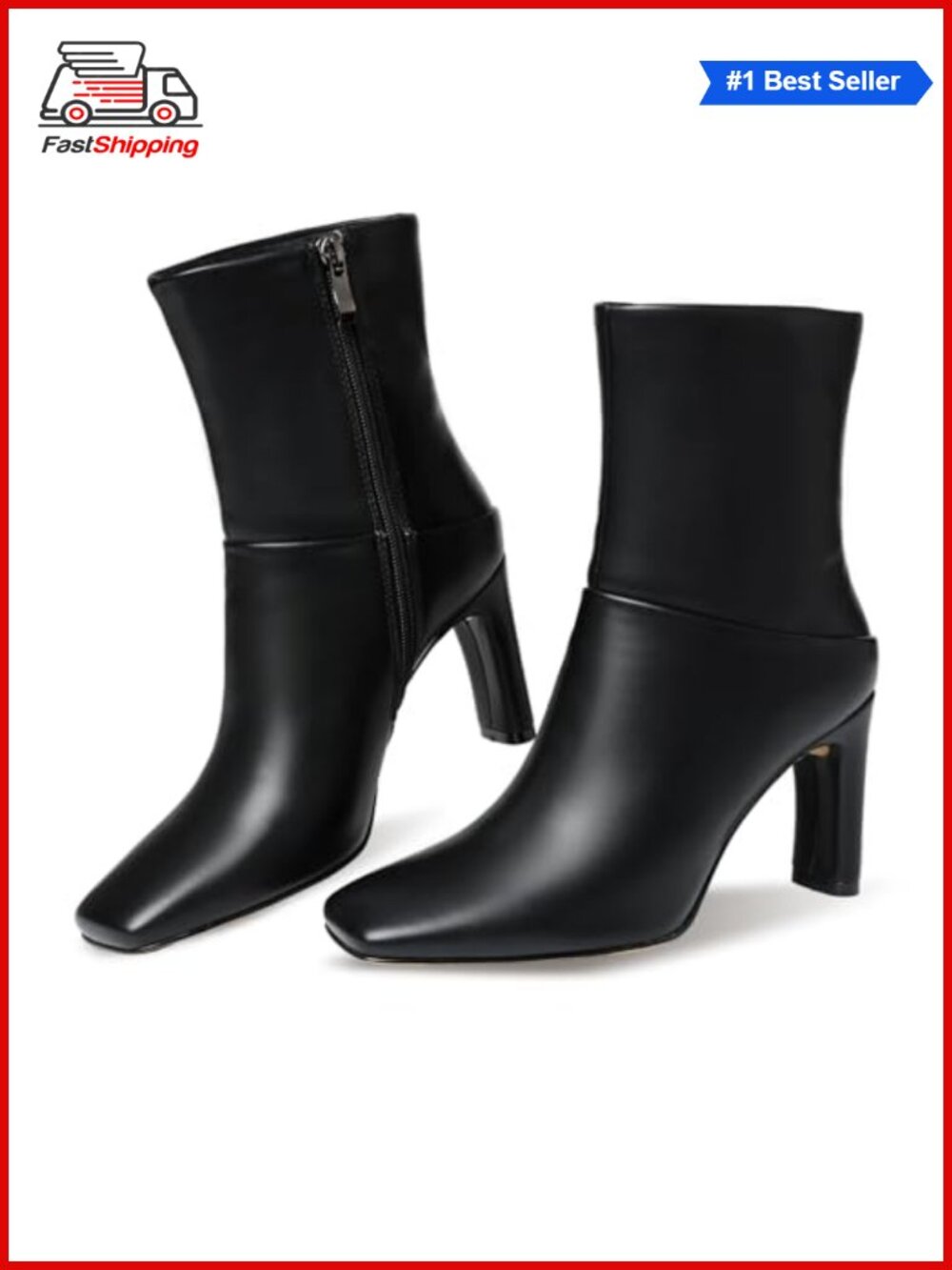 Women's Square Toe High Heel Ankle Boots Side Zipper